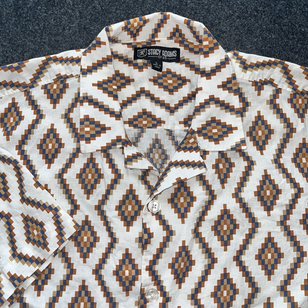Stacy Adams Short Sleeve Button Up Aztek Southwest Linen Cotton Shirt Mens L
